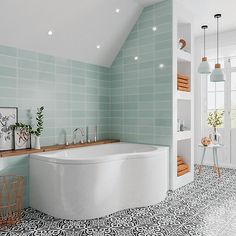 a large white bath tub sitting in a bathroom next to a book shelf filled with books