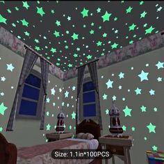 the ceiling is covered with stars and curtains in this bedroom, it looks like they have been