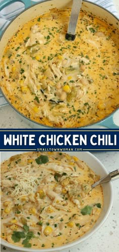 two pictures of chicken and cheese in a skillet with the words white chicken chili