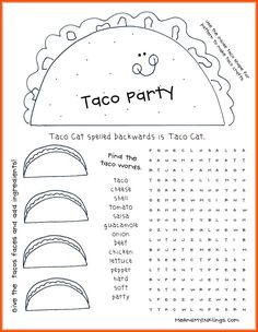 a printable taco party activity sheet for kids to practice their handwriting and numbers