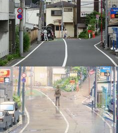 two pictures one showing a man walking down the street and another with an umbrella