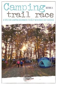 the cover of camping before a trail race, with tents and trees in the background