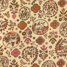 an image of a pattern with animals and flowers on it's surface in brown, pink, orange and white colors