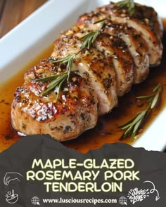 grilled pork with rosemary garnish served in a white dish on a wooden table