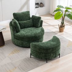 a green chair and ottoman in a living room