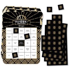 a board game with black and gold tiles on the front, two squares in the middle