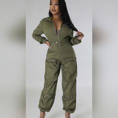 New With Tag Semi-Stretch Jumpsuit Collar V Neck Long Sleeves Cargo Style Drawstring Cuffed Bottoms Zipper Closure 65% Cotton 33% Polyester 2% Spandex Cargo Jumpsuits For Women, Fitted Utility Jumpsuit With Pockets, Fitted Green Jumpsuit With Pockets, Fitted Khaki Jumpsuits And Rompers With Pockets, Fitted Utility Jumpsuits And Rompers, Fitted Jumpsuit And Romper Overalls With Pockets, Fitted Jumpsuit With Pockets Overall, Fitted Long Sleeve Utility Overalls, Khaki Fitted Long Sleeve Jumpsuits And Rompers