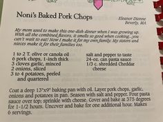 the recipe for noni's baked pork chops is shown in an open book