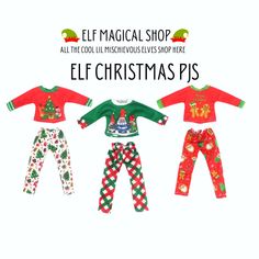 Product Info: Elf Christmas Pajama Set. You will receive 1 Pajama Top and Matching Bottoms in your choice of Christmas Pattern.  Perfect for setting a cute scene for your favorite Mischievous  Holiday Elf.   PLEASE READ:  Our shop is busiest October 1st through December 18th. Once an item sold out it will not be restocked until the the following October. We suggest not waiting to purchase items as they tend to sell out fast!  We do not offer returns, exchanges or cancelations on our products, ho Christmas Elf Doll, Christmas Pajama Set, Elf Doll, October 1st, Christmas Pjs, Elf Christmas, Christmas Theme, Holiday Deals, Christmas Pajamas