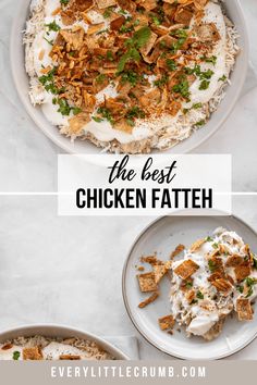 the best chicken fatteh recipe is shown in three different dishes, including rice and vegetables