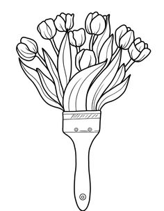 a black and white drawing of flowers in a paintbrush with clippings on the side