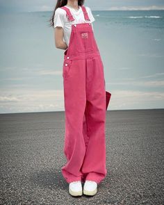 Lasaky - Pink Denim Overalls: Sweet, Loose-Fitting, High-Waisted Wide-Leg Trousers Tree Rose, High Waisted Wide Leg Jeans, Pink Denim, High Waisted Flares, Long Sleeve Jumpsuit, Leg Design, Denim Overalls, Jeans Jumpsuit, Denim Jumpsuit