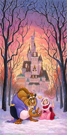 the beauty and the beast painting is shown in front of a castle with snow on it