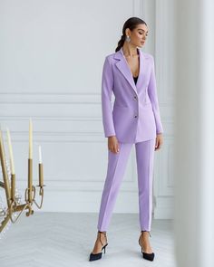 2-piece Womens Blazer Trouser Suit for office, business meetings, formal events and special occasions. Also perfectly combines with sneakers so after a long and tiring business day you can change you heels to sneakers and still look chic. DETAILS -  regular fit pants -  high rise -  blazer is buttoned -  lined -  side pockets -  relaxed fit -  single breasted MATERIAL Premium quality suiting fabric, viscose, polyester and elastane  SIZES The models in photos are wearing a size S Available in 4 s Tailored Professional Office Sets, Professional Tailored Sets For Office, Professional Notch Lapel Sets For Career, Tailored Dress Pants For Office, Professional Single-breasted Pantsuit For Office, Office Sets With Suit Collar In Solid Color, Office Tailored Notch Lapel Pantsuit, Professional Single Breasted Business Casual Sets, Tailored Office Pantsuit With Notch Lapel