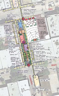 an aerial view of a parking lot with plans for the building and other areas around it