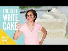 a woman standing in front of a cake with the words, the best white cake