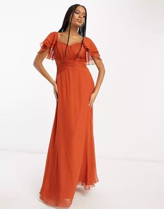 ASOS DESIGN Bridesmaid short sleeve ruched maxi dress in rust | ASOS Wedding Moodboard, Orange Maxi Dress, Ruched Maxi Dress, Ruched Top, Rust Dress, Dress Bra, Dresses Backless, Guest Outfit, Sweetheart Neck