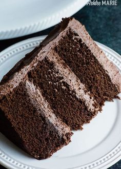 a slice of chocolate cake on a white plate