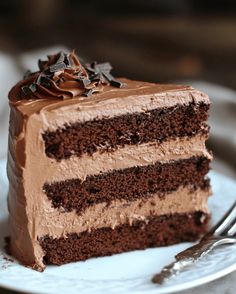 a piece of chocolate cake on a plate with a fork