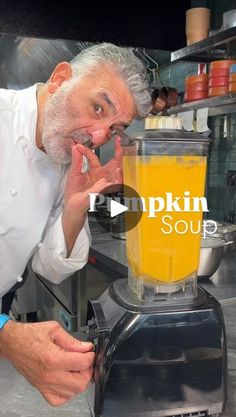 an older man making a smoothie in a blender with the words pumpkin soup on it