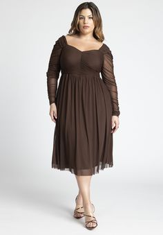 Shirred Mesh Midi Dress Fall Plus Size Dresses, Wedding Guest Dress Plus Size, Plus Size Winter Dresses, Fall Wedding Attire, Plus Size Cocktail Dress, Bday Dress, Dark Brown Dress, Fit And Flare Midi Dress, Chicory Coffee