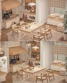 three different views of a kitchen and dining room