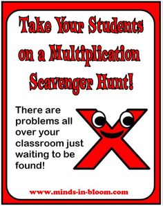 a red and white sign that says take your students on a multiplication scavenger hunt