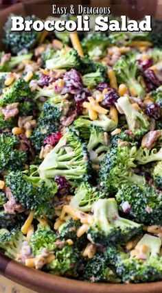 broccoli salad with cranberries and cheese in a bowl