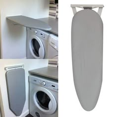 there is an ironing board attached to the wall next to a washer and dryer