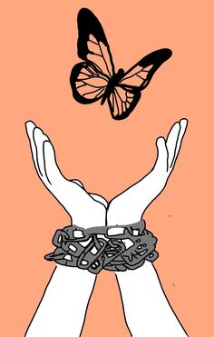 two hands are chained with chains and a butterfly is flying over the top of them