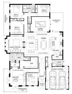 the floor plan for a two story house with three car garages and an attached living area