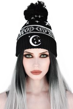 MOONSCAPE.A head full of moonlight.- Soft Knit.- Fold Up Style.- Embroidery Detail.- Large Pompom. - UNISEX.Winter is forever comin' - be sure to be cozy in our classic fit beanie, fold-up style with statement stars, moonchild text, and embroidery. Totally unisex, so it's for everyone!with KILLSTAR branding, 100% Soft Acrylic. Emo Cloth, Dayana Crunk, Goth Hat, 2010 Fashion, Bobble Hat, Brim Hats, Bobble Hats, Birthday Wishlist, Berets