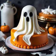 a halloween cake decorated with white icing and black eyes on a table next to pumpkins