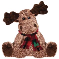 a stuffed moose wearing a scarf and hat