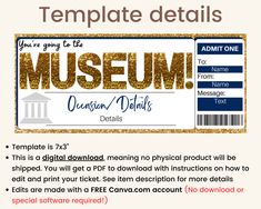 a ticket with the word museum on it and an image of a building in the background