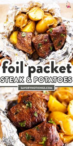 foil packet steak and potatoes with text overlay that reads foil packet steak and potatoes