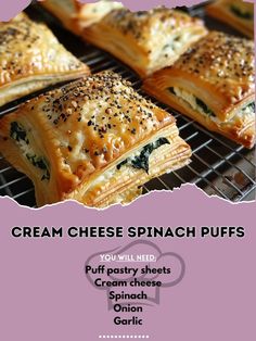 a flyer for cream cheese spinach puffs on a rack with other pastries