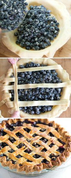 blueberry pie is shown in three different stages