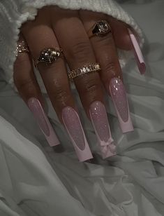 Long Classy Nails, Birthday Nails Classy, Ombre Nails With Rhinestones, Bougie Nails, Sparkly French Tips, Baby Pink Nails Acrylic, Vogue Nails, Pink Ombre Nails