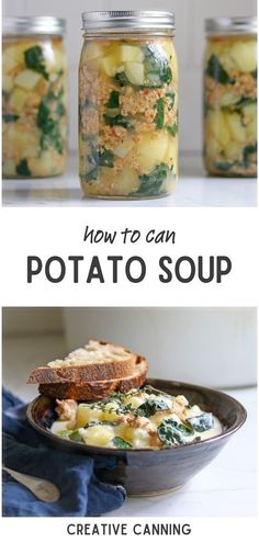 two pictures with the words how to can potato soup on them and an image of bread in