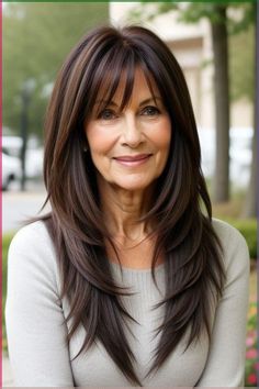 Hair Extensions Older Women Over 50, Long Hair Styles For 50+ Women With Bangs, Long Hairstyles With Bangs Over 40, Straight Hair Over 50, Medium To Long Haircut With Layers, Hairstyles With Layers And Bangs, Long Feathered Hairstyles, Long Hairstyles For Women Over 50, Women Over 50 Long Hairstyles