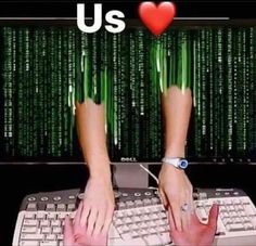 two hands typing on a computer keyboard with the words love us in front of them