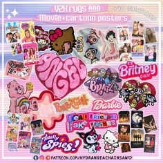 an image of various stickers on a pink background with the words hello kitty and other cartoon characters