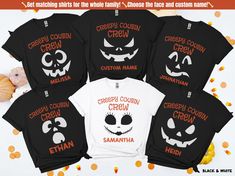 You'll love these cute Custom Cousin Crew Matching Halloween Party Shirts.  Personalize these shirts by choosing your own Jack-O-Lantern face and custom name for Group Halloween T-Shirts.  This spooky Face Costume would make a great gift for family and friends for Halloween. **GET 60% OFF NOW BY SIGNING UP FOR MY VIP CLUB! Open a new tab in your web browser and go to JTMCLUB.COM for instant savings! This is a 5-star rated shop so you can shop with confidence that your satisfaction is my top prio Customizable Short Sleeve Tops For Halloween, Customizable Short Sleeve Halloween Tops, Group Halloween Tshirt Ideas, Customizable Black Halloween Top, Family Matching Halloween T-shirt With Letter Print, Family Matching Halloween Graphic Print Tops, Funny Jack O Lanterns, Black Halloween T-shirt With Custom Print, Family Matching Halloween T-shirt Crew Neck