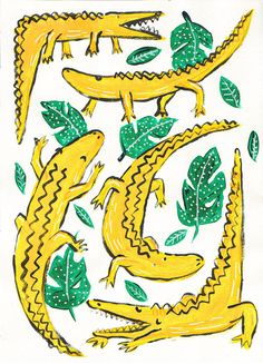 a drawing of two alligators with green leaves on the bottom and one in the middle