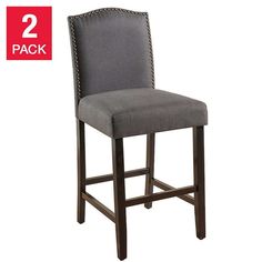 two pack of grey fabric bar stools with nail polish finish and studded legs