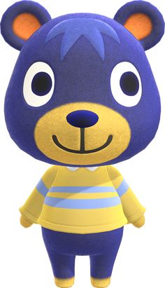 a blue and yellow teddy bear wearing a striped shirt