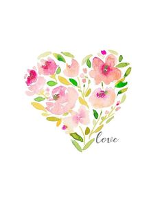 a watercolor painting of pink flowers in the shape of a heart that says love