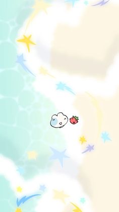 a cartoon character floating in the air with stars and clouds around him, holding a strawberry