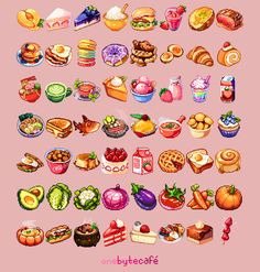 a bunch of different types of food on a pink background